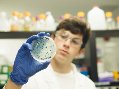 student holding a KnockOut lab plate