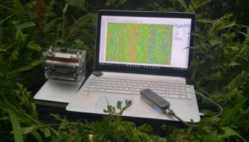 Components of the portable lab used on the trip. Left to right: miniPCR sitting atop the Poweradd battery, Vaio laptop with Geneious pro software to visualize sequence data, and the ONT MinION sequencer powered by the laptop.