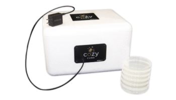 Cozy Cube alongside USB-C cord and petri plates